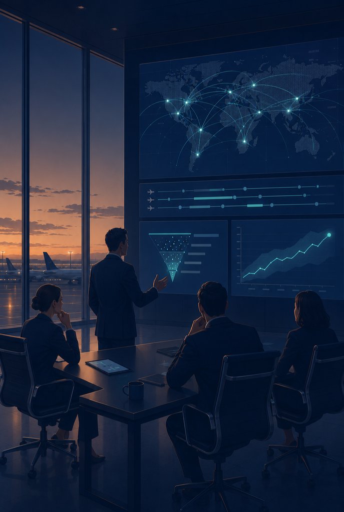 Airline executives reviewing route network, fleet rotation, and pricing strategy