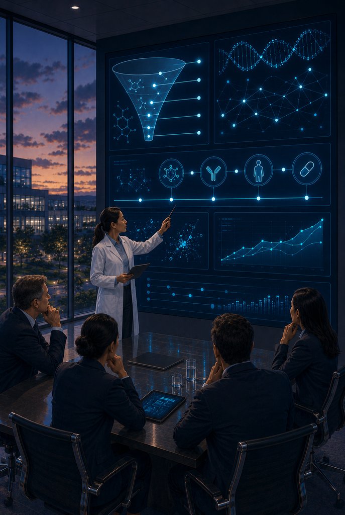 Biotech executives reviewing drug-discovery pipeline and genomic strategy