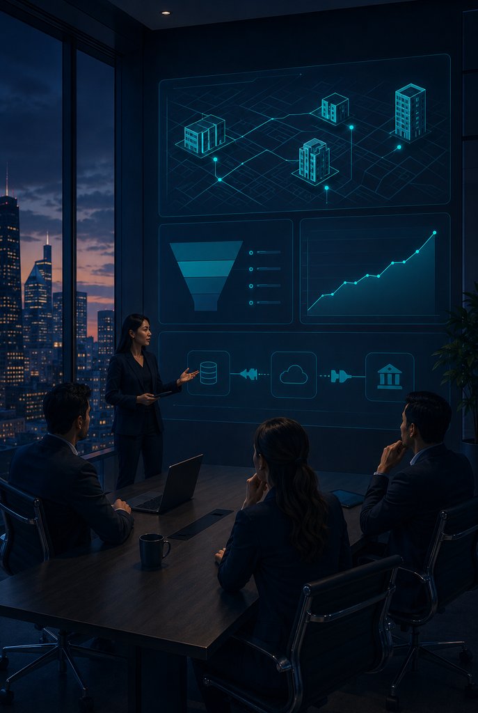 PropTech founders reviewing product roadmap, integrations, and growth strategy