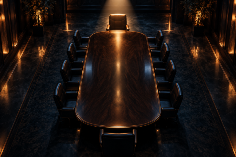 An empty boardroom conference table seen from directly overhead, shrouded in shadow except for a single sharp cone of spotlight illuminating one empty chair at the head of the table, representing the accountability question every board is now asking about AI oversight.