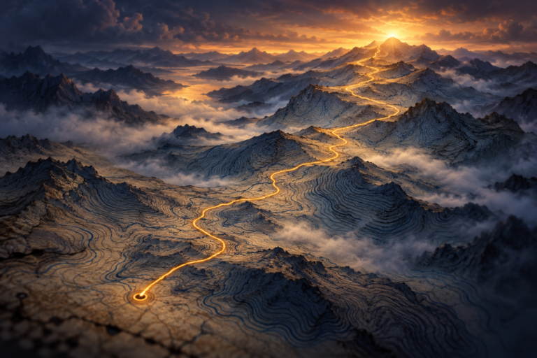 An aged topographic contour map glowing faintly in deep indigo and slate blue, with a single hand-drawn amber route winding from the lower foreground up through misty valleys toward a bright point of light on a distant ridge, representing a mindset that has been given a path to follow.