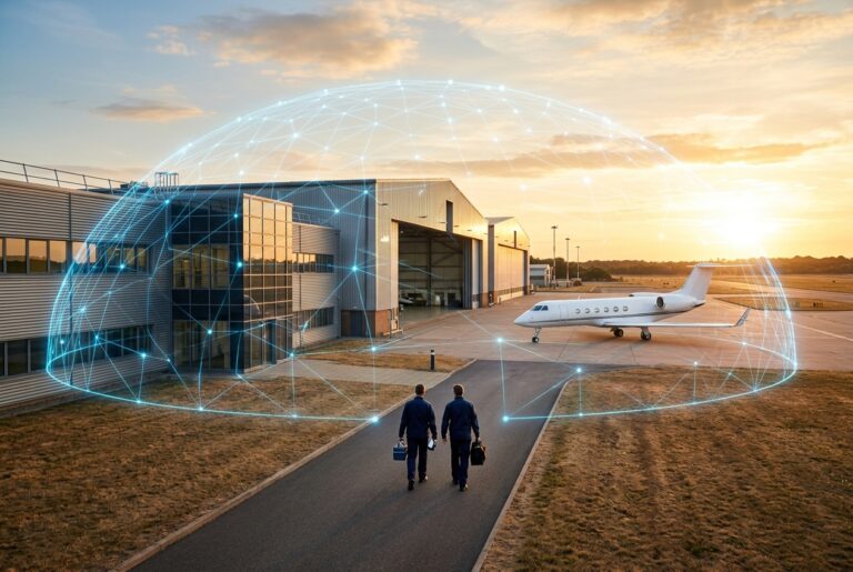 Two technicians seen from behind walk toward an aerospace plant and hangar at sunrise, with a business jet on the apron and a glowing blue dome of light over the facility.