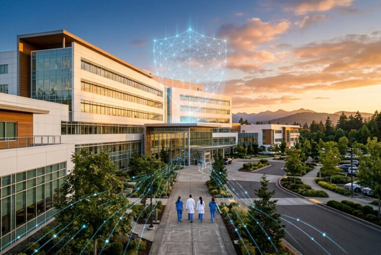 Three clinicians seen from behind walk toward a modern hospital at sunrise, with a glowing blue shield of light above the building and thin data lines flowing across the foreground.