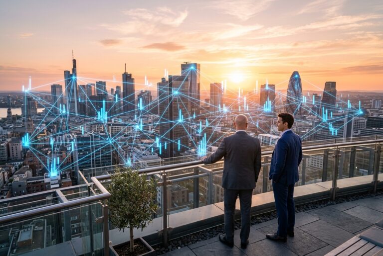 Two executives on a high-rise terrace at golden hour with a glowing blue data network linking the skyline