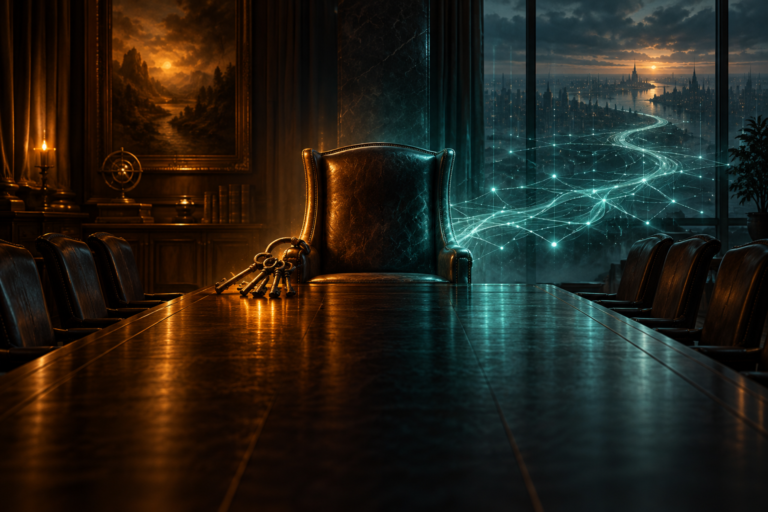 An empty high-backed leather chair at the head of a long, dark boardroom table, with a ring of heavy brass keys glowing amber on the left and a web of glowing teal pathways stretching from the right toward a distant city skyline, representing a CIO's seat that must both run the platform and move AI forward.