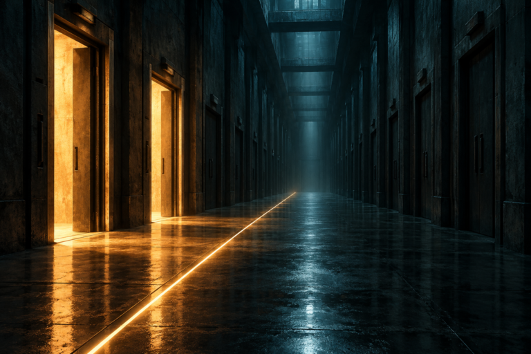 A long, dark industrial corridor of identical doorways receding into the distance, with the two nearest doorways on the left glowing amber while the matching doorways on the right and farther down stay dark, representing a staggered rollout where teams not yet live serve as the comparison group.