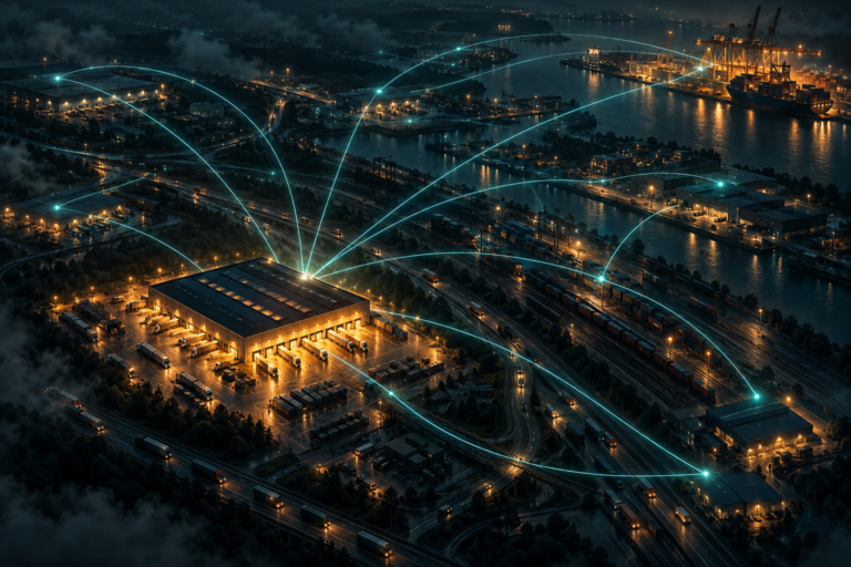 A dim aerial view of a freight hub at night with one brightly lit amber warehouse in the foreground and thin teal lines of light running from it across rail yards, truck lanes and a distant port crane to several dimmer buildings, representing the connections between systems and companies rather than any single product.