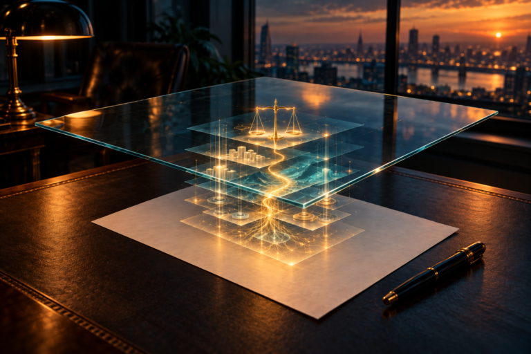 A blank sheet of paper and a pen on a dark leather desk at dusk, with a clear pane of glass floating above the sheet revealing glowing amber and teal layers beneath it, including a small set of balanced scales, representing the hidden tradeoffs inside an ordinary decision.