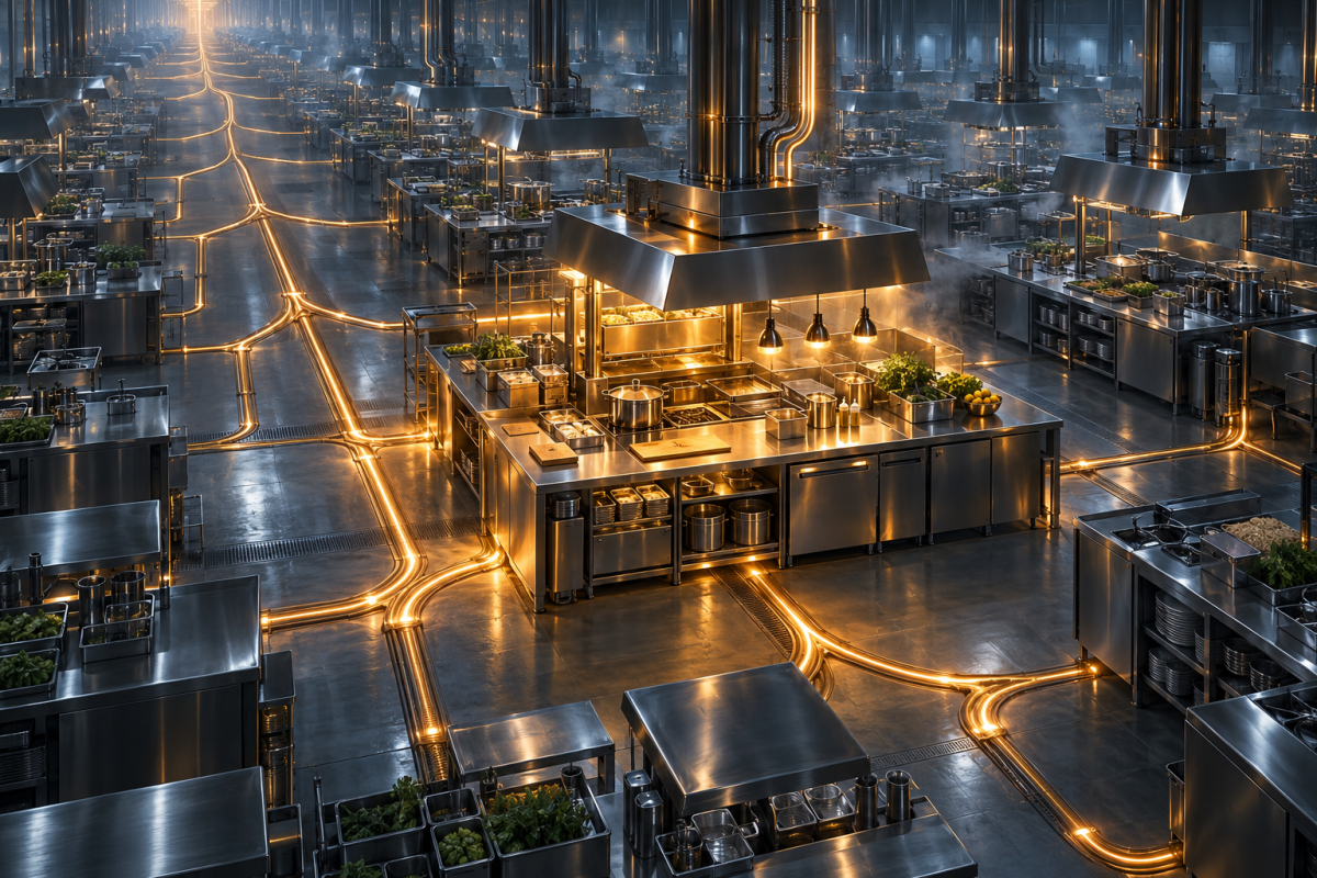 An overhead view of a vast stainless steel commercial kitchen with identical prep stations receding into misty shadow, each one linked by glowing amber conduits that branch and fork like roots back to a single lit station at the center, representing every kitchen site connected to one shared operating system.