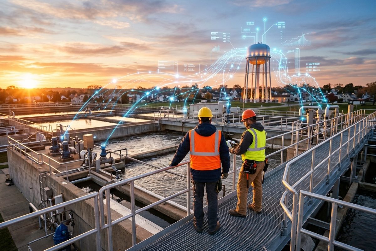 Utility workers overlooking a water treatment plant at golden hour with a glowing blue data overlay