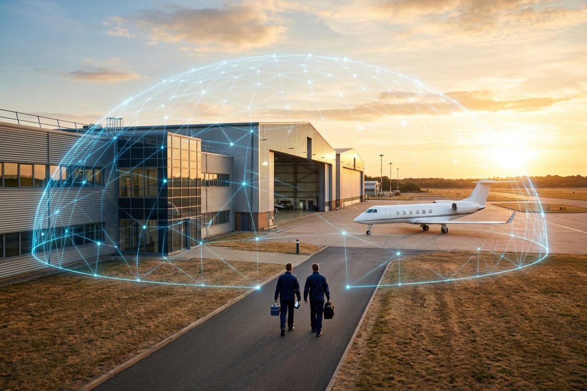 Two technicians seen from behind walk toward an aerospace plant and hangar at sunrise, with a business jet on the apron and a glowing blue dome of light over the facility.