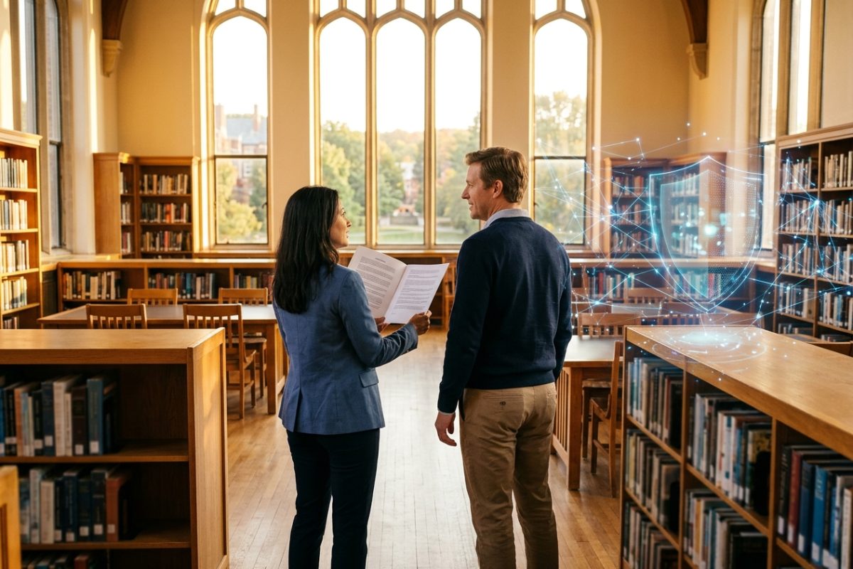 Two adults reviewing a printed contract in a sunlit school library with a glowing blue shield and data overlay