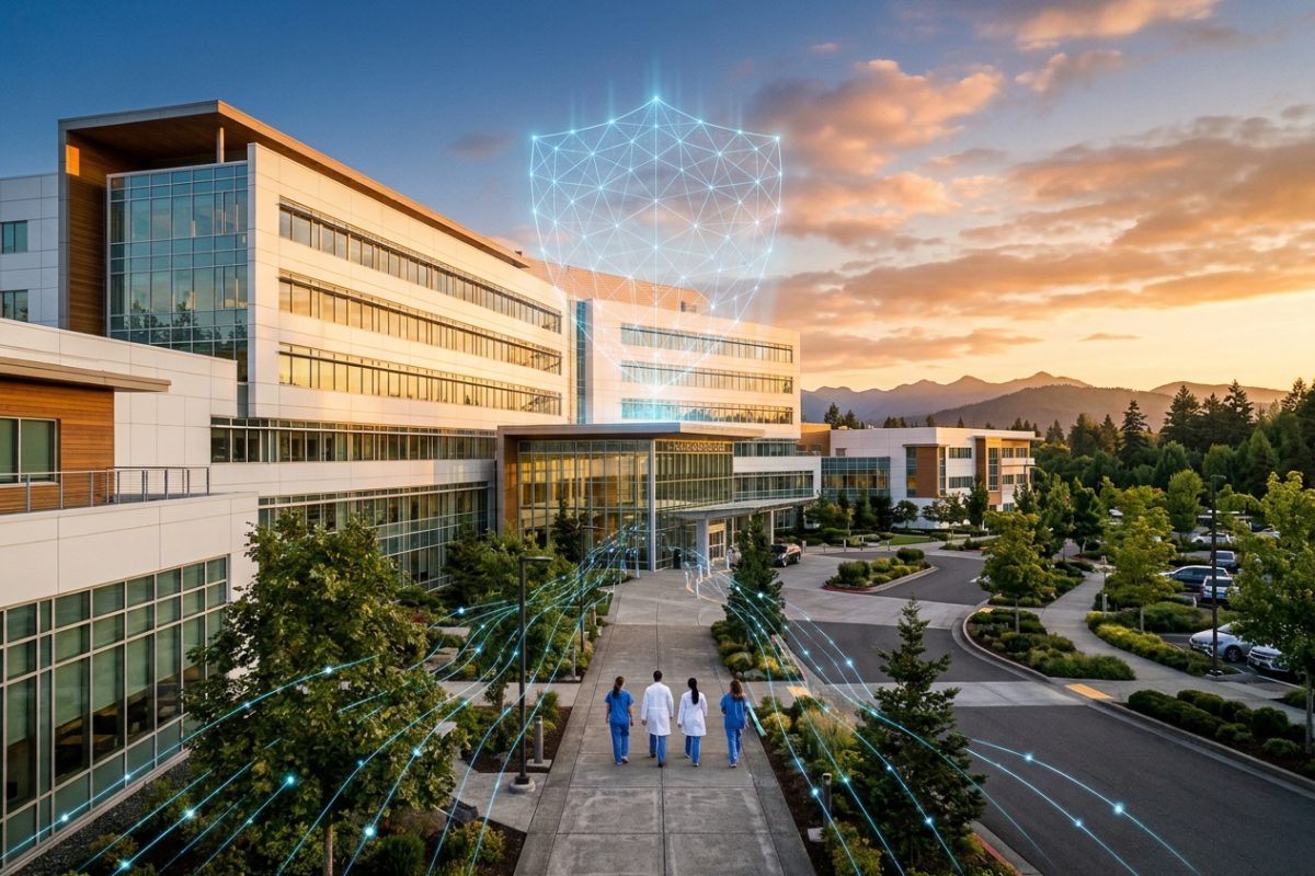 Three clinicians seen from behind walk toward a modern hospital at sunrise, with a glowing blue shield of light above the building and thin data lines flowing across the foreground.