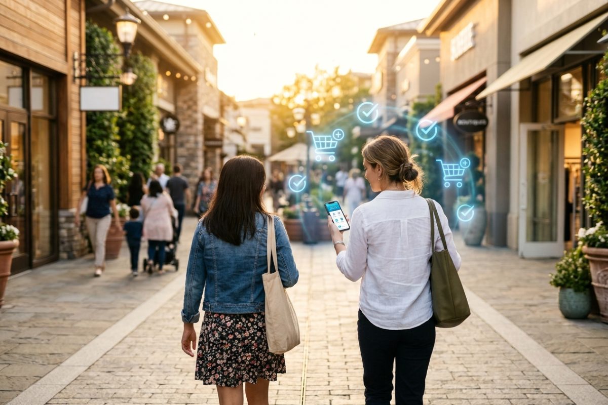Two shoppers walking through an open-air shopping center at golden hour with a glowing blue digital overlay