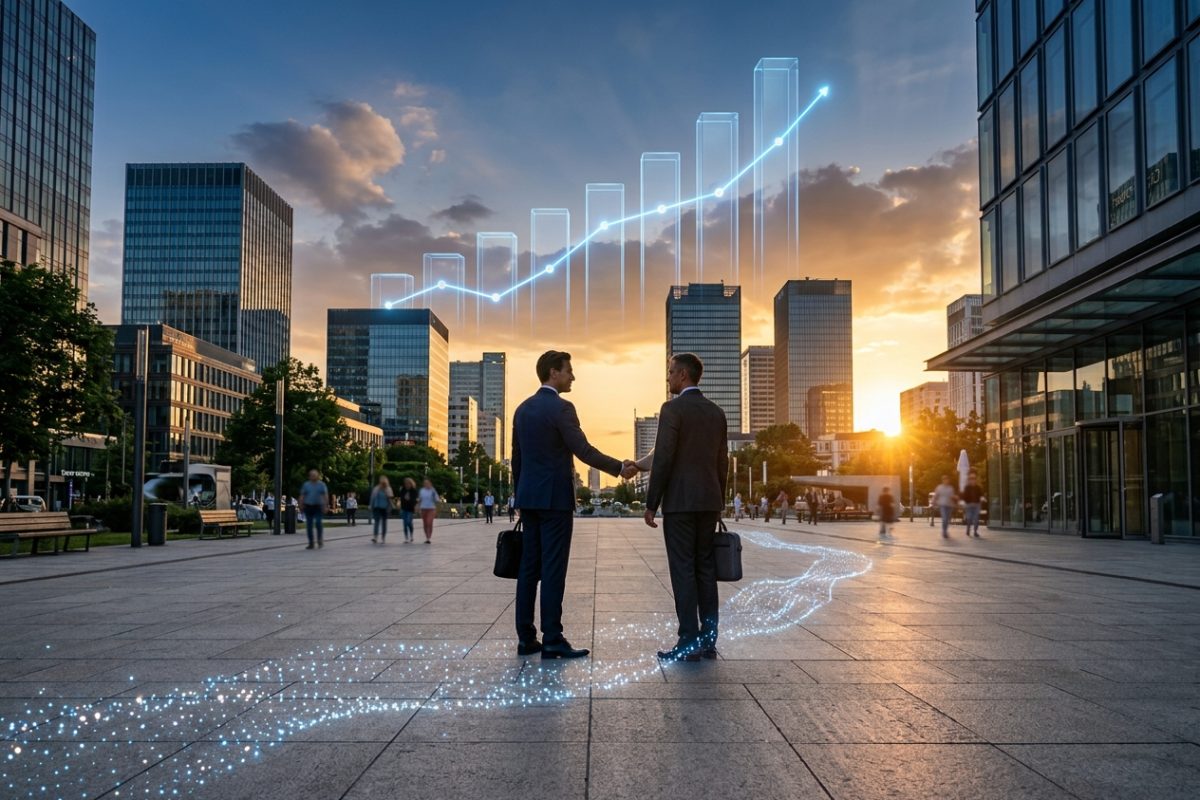 Two professionals shake hands in a sunlit city plaza at golden hour, with translucent glowing bars and a rising line of light over the skyline and a trail of light along the pavement.