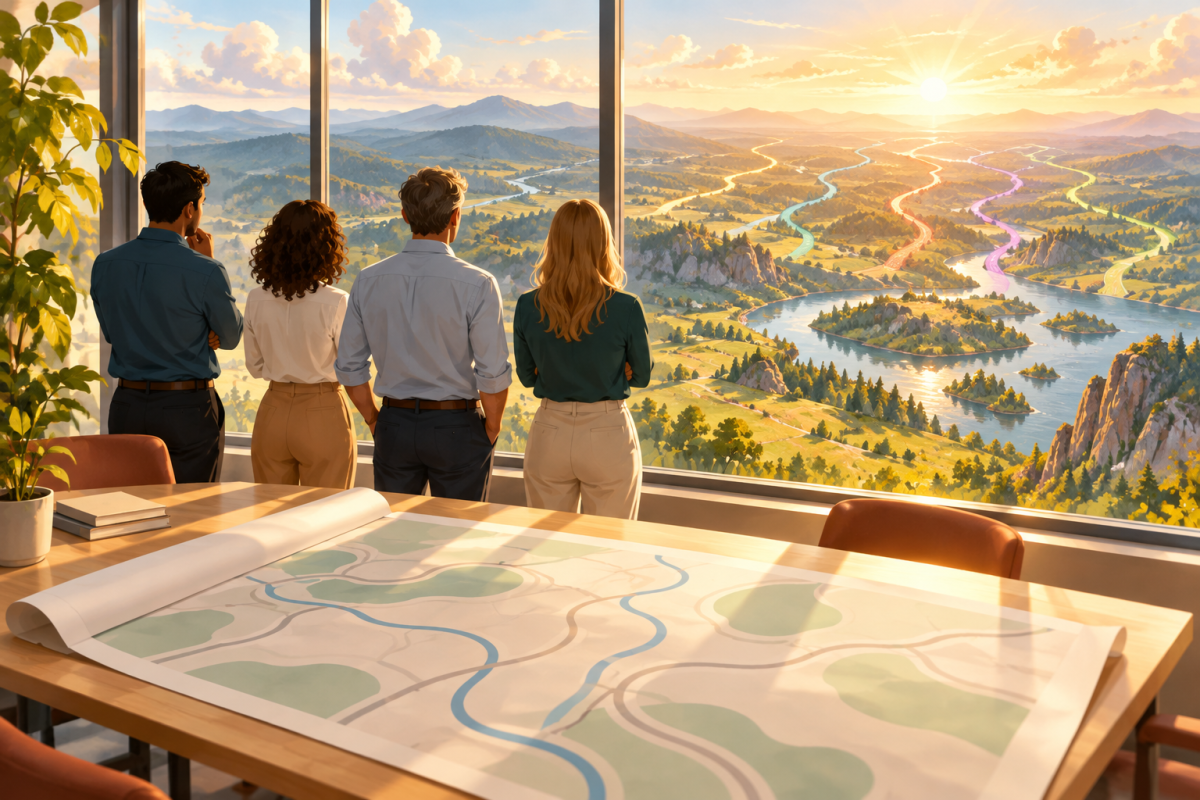 Four colleagues seen from behind stand at a sunlit window looking out over a landscape of rivers and roads that differs from the paper map on the table, with five colored paths fanning toward the horizon.