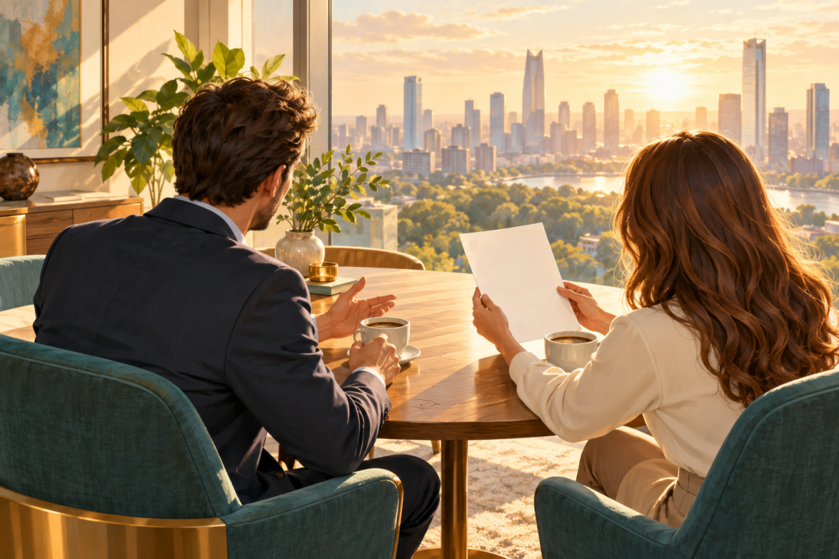 Two colleagues seen from behind talk over coffee at a round table in a sunlit office, one holding a blank sheet of paper, with a bright city skyline in the window.