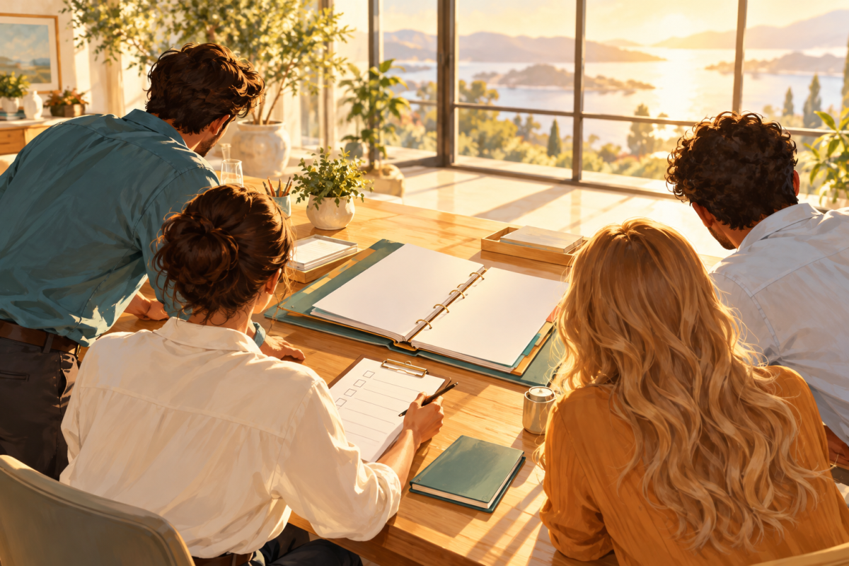 Four colleagues seen from behind gather around a sunlit wooden table, reviewing an open binder of papers and a clipboard checklist, with a bright waterside view through large windows.