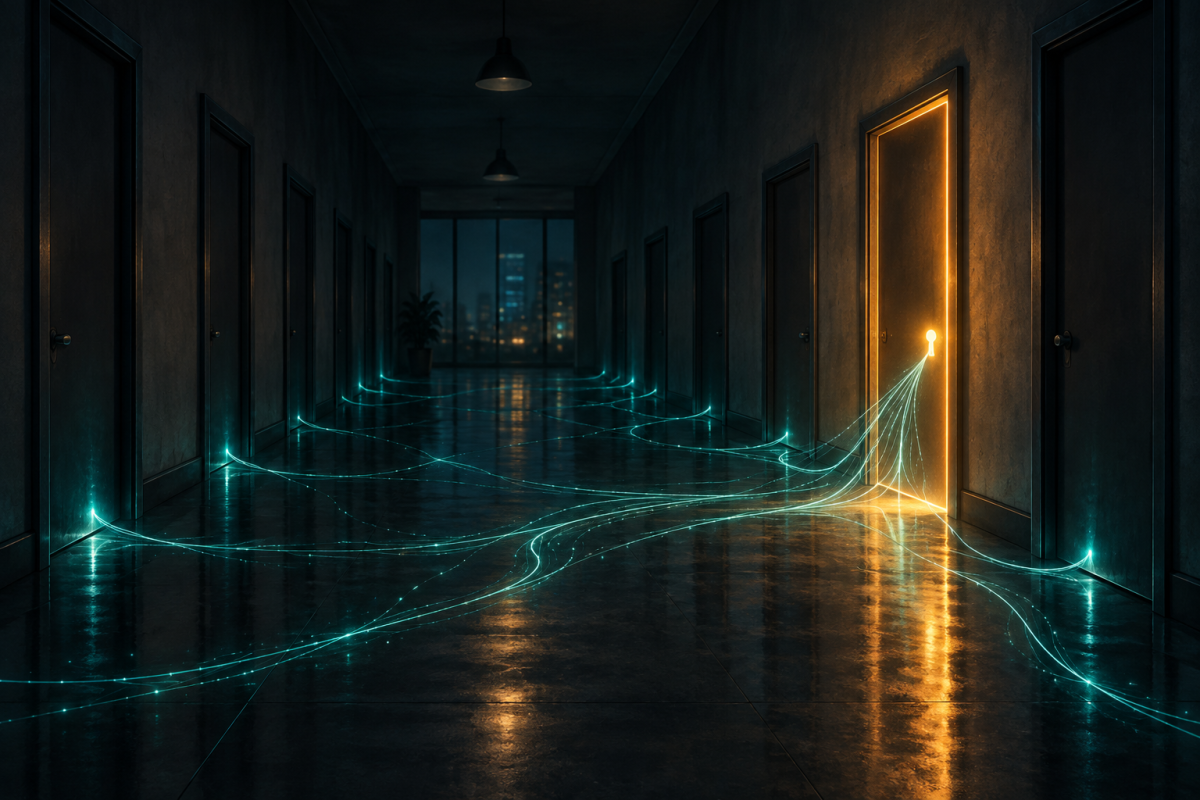 A dim office corridor at night lined with identical dark doors, one glowing amber with a bright keyhole and thin teal threads of light running from it across the floor to several of the other doors, representing unseen AI agents moving between company systems with no one keeping track.