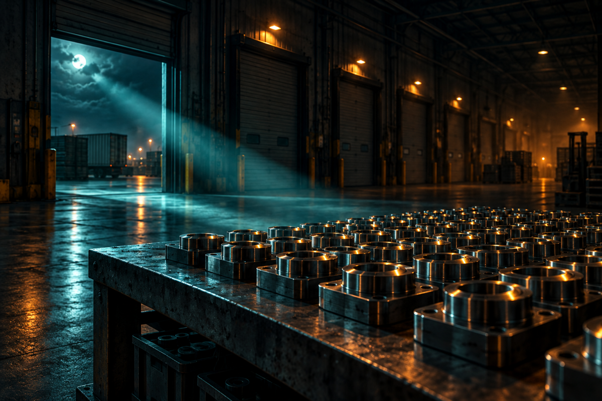 A dark industrial receiving hall at night with one bay door open at the far end, a thin teal beam of light sweeping across a precise grid of identical machined metal parts on a steel workbench, each part catching a small amber glint, representing a manufacturer's parts being read by a machine buyer.