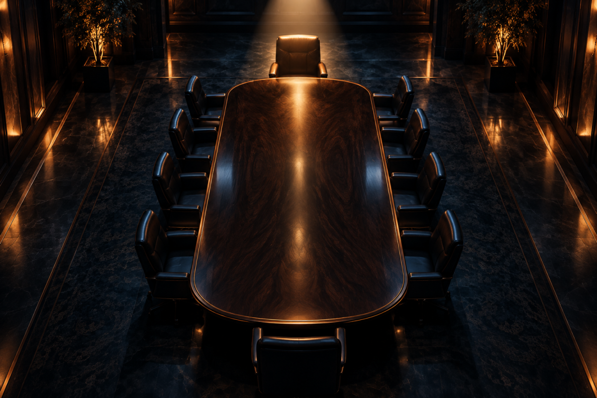 An empty boardroom conference table seen from directly overhead, shrouded in shadow except for a single sharp cone of spotlight illuminating one empty chair at the head of the table, representing the accountability question every board is now asking about AI oversight.