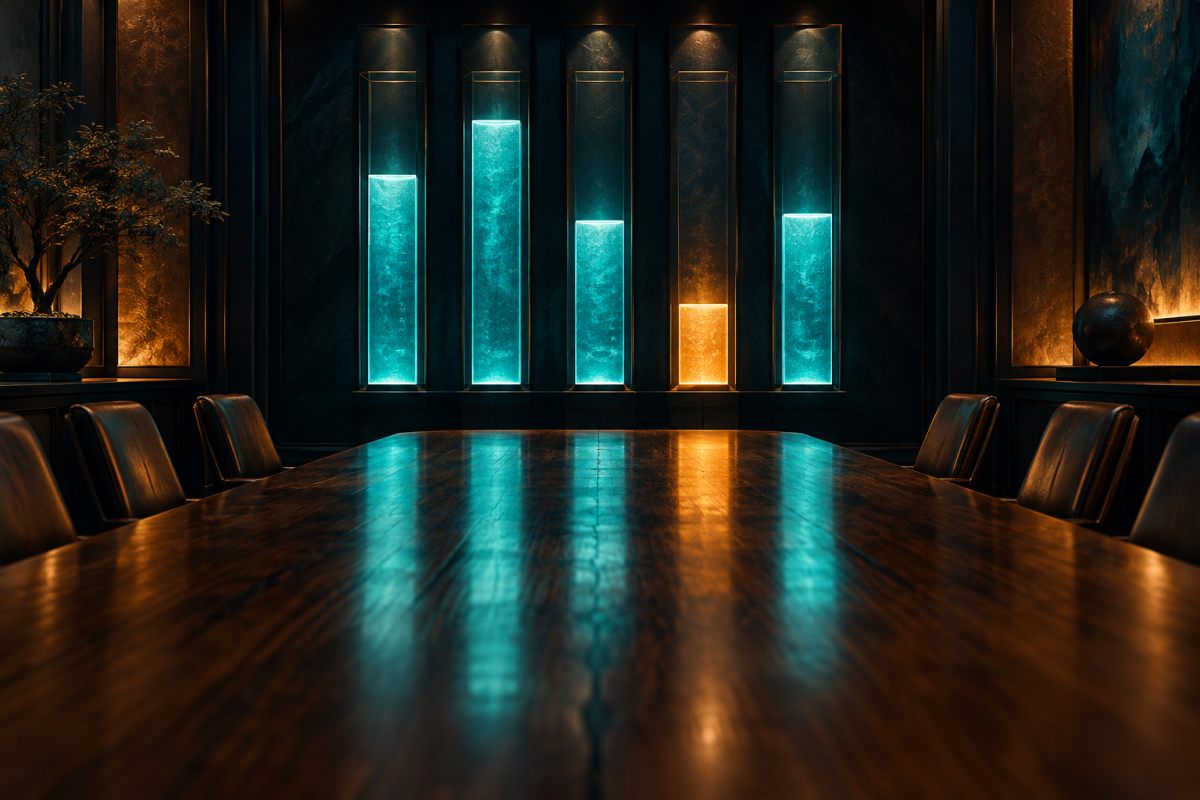 A dim leadership meeting room seen from the end of a long wooden table, with five tall vertical light columns on the far wall filled to different heights in teal and the shortest one glowing amber, representing a five-number technology scorecard with one measure off track.